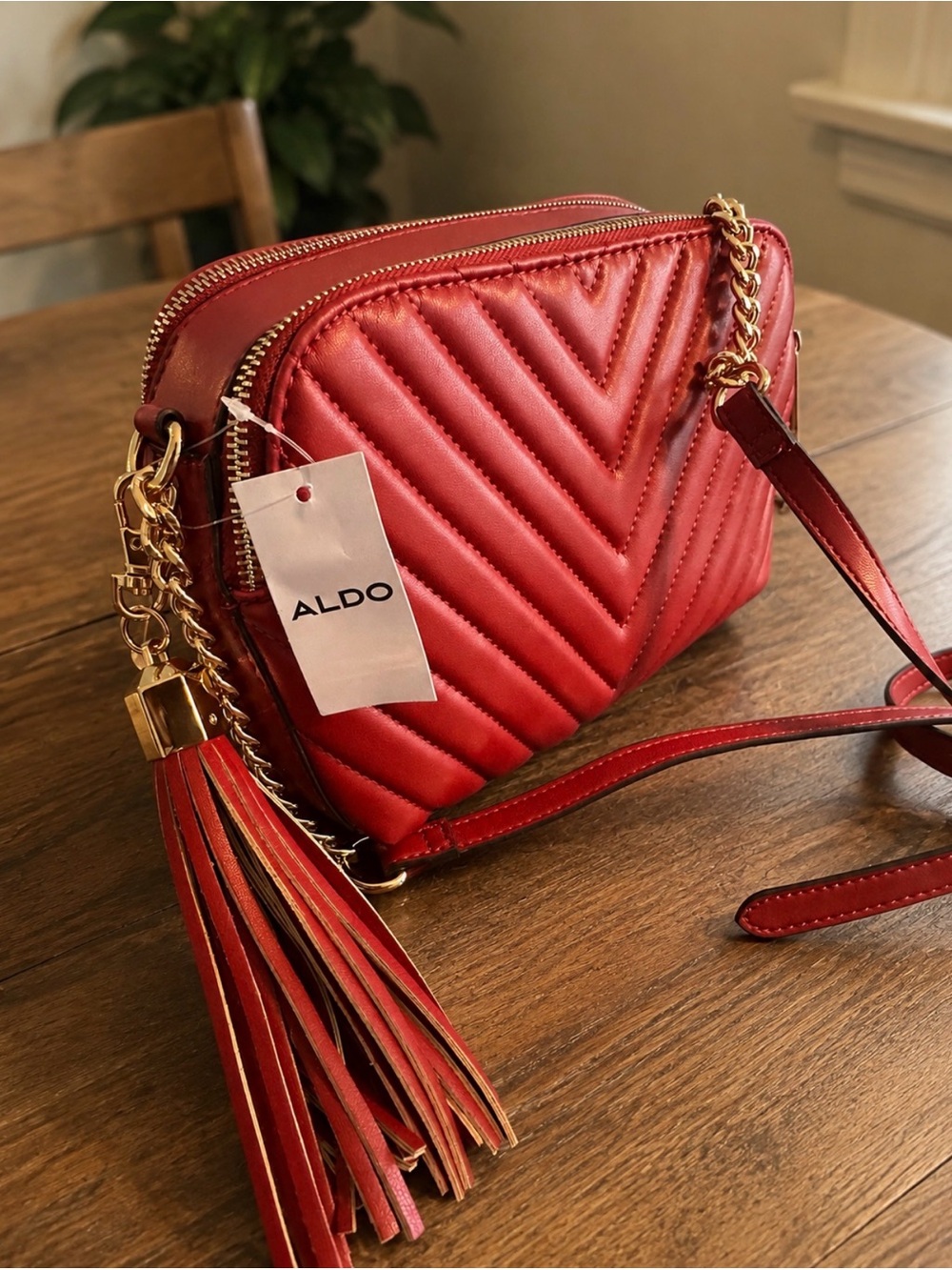 ALDO Red Quilted Crossbody with Tassel and Chain Strap